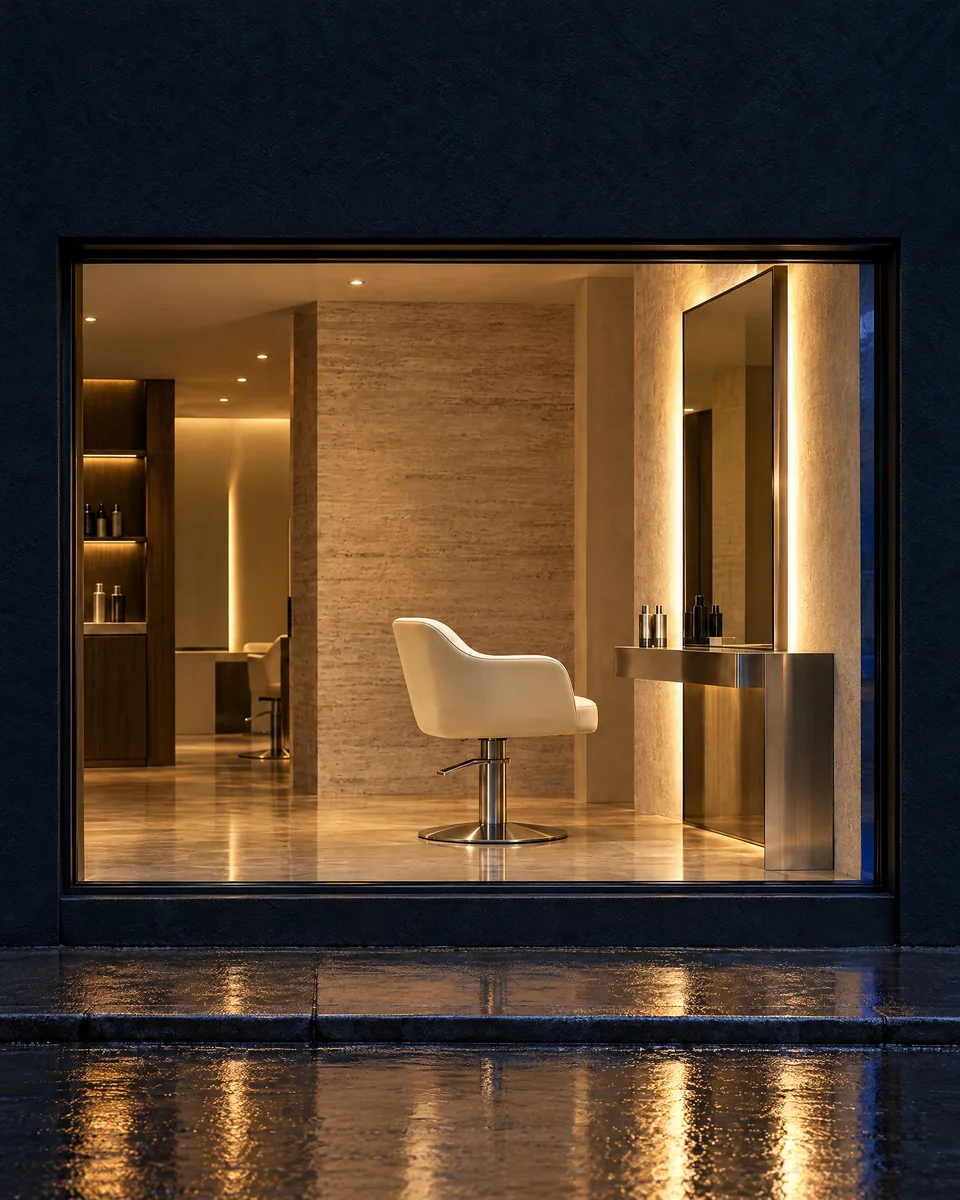 An intimate salon interior study with dark materials and soft mirror lighting.
